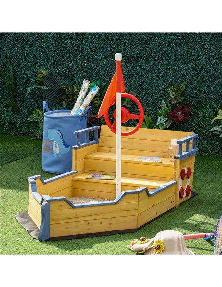 Outsunny Kids Wooden Sandpit Children Sandbox Pirate Ship Sandboat Outdoor Backyard Playset Play Station w/ Bench Bottom Liner - pic 9081 | FastDaddyshop
