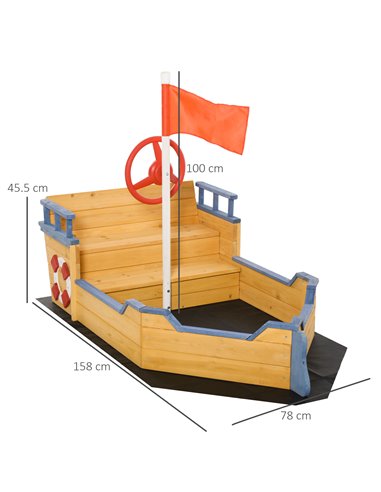 Outsunny Kids Wooden Sandpit Children Sandbox Pirate Ship Sandboat Outdoor Backyard Playset Play Station w/ Bench Bottom Liner