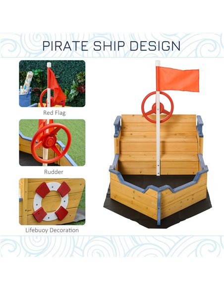 Outsunny Kids Wooden Sandpit Children Sandbox Pirate Ship Sandboat Outdoor Backyard Playset Play Station w/ Bench Bottom Liner - pic 9083 | FastDaddyshop