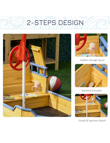 Outsunny Kids Wooden Sandpit Children Sandbox Pirate Ship Sandboat Outdoor Backyard Playset Play Station w/ Bench Bottom Liner - pic 9084 | FastDaddyshop