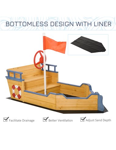 Outsunny Kids Wooden Sandpit Children Sandbox Pirate Ship Sandboat Outdoor Backyard Playset Play Station w/ Bench Bottom Liner