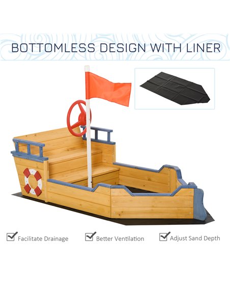 Outsunny Kids Wooden Sandpit Children Sandbox Pirate Ship Sandboat Outdoor Backyard Playset Play Station w/ Bench Bottom Liner - pic 9085 | FastDaddyshop