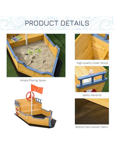 Outsunny Kids Wooden Sandpit Children Sandbox Pirate Ship Sandboat Outdoor Backyard Playset Play Station w/ Bench Bottom Liner