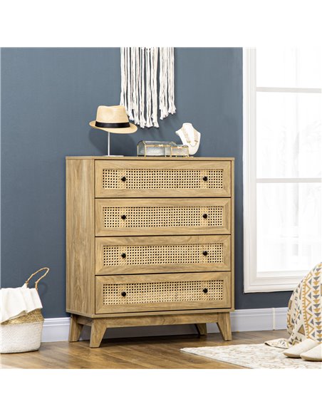 HOMCOM Storage Cabinet, 4-Drawer Unit with Rattan Element for Bedroom, Living Room, 80cmx35cmx95cm, Wood Effect 831-602V00ND - pic 90903 | FastDaddyshop
