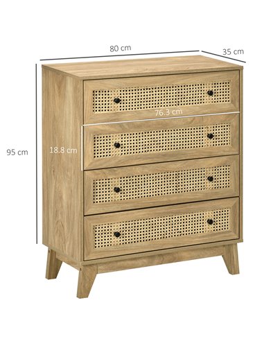 HOMCOM Storage Cabinet, 4-Drawer Unit with Rattan Element for Bedroom, Living Room, 80cmx35cmx95cm, Wood Effect 831-602V00ND