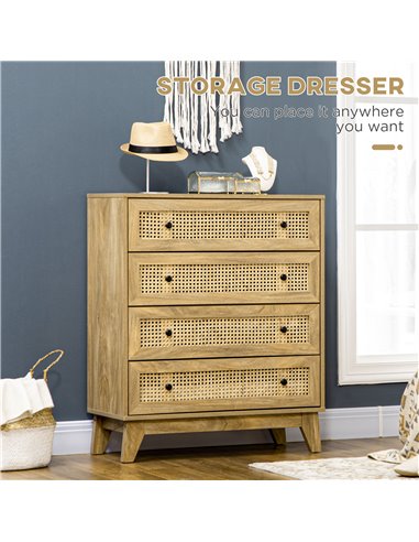 HOMCOM Storage Cabinet, 4-Drawer Unit with Rattan Element for Bedroom, Living Room, 80cmx35cmx95cm, Wood Effect 831-602V00ND