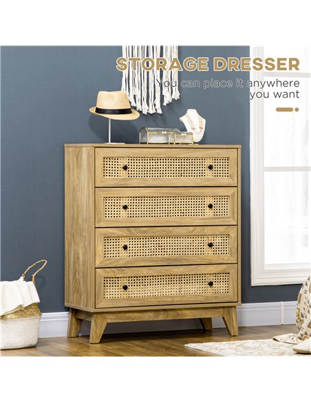 HOMCOM Storage Cabinet, 4-Drawer Unit with Rattan Element for Bedroom, Living Room, 80cmx35cmx95cm, Wood Effect 831-602V00ND - pic 90905 | FastDaddyshop
