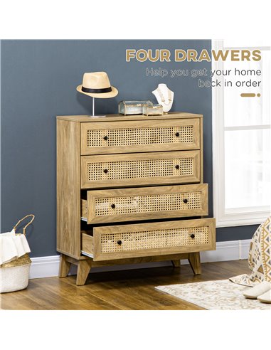 HOMCOM Storage Cabinet, 4-Drawer Unit with Rattan Element for Bedroom, Living Room, 80cmx35cmx95cm, Wood Effect 831-602V00ND