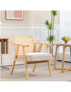 Bohemian Armchair, HOMCOM Fabric Accent Chair with Rattan Back, Rubber Wood Frame & Padded Seat Cushion, Living Room, Bedroom, O 2