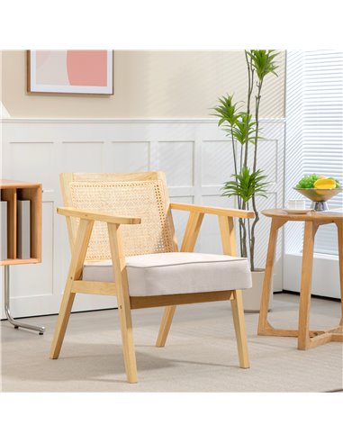Bohemian Armchair, HOMCOM Fabric Accent Chair with Rattan Back, Rubber Wood Frame & Padded Seat Cushion, Living Room, Bedroom, O