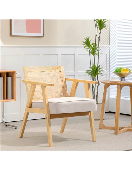 Bohemian Armchair, HOMCOM Fabric Accent Chair with Rattan Back, Rubber Wood Frame & Padded Seat Cushion, Living Room, Bedroom, O - pic 90957 | FastDaddyshop