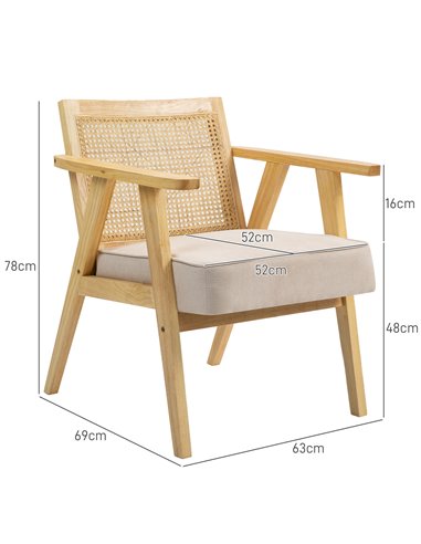 Bohemian Armchair, HOMCOM Fabric Accent Chair with Rattan Back, Rubber Wood Frame & Padded Seat Cushion, Living Room, Bedroom, O