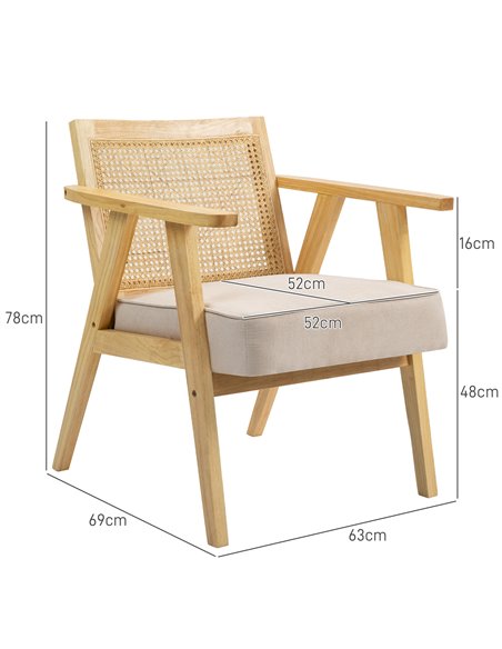 Bohemian Armchair, HOMCOM Fabric Accent Chair with Rattan Back, Rubber Wood Frame & Padded Seat Cushion, Living Room, Bedroom, O - pic 90958 | FastDaddyshop