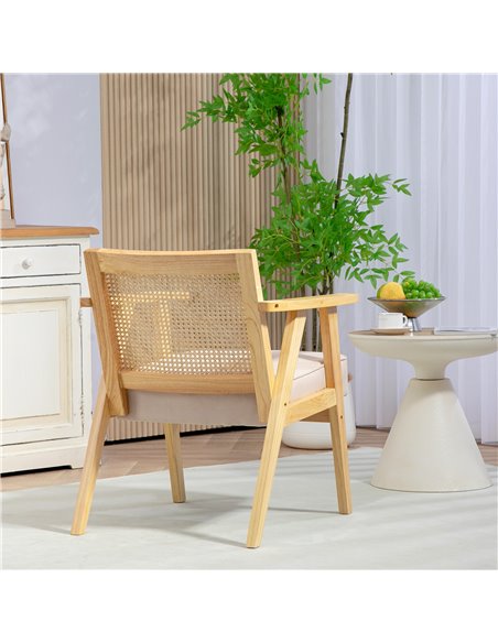 Bohemian Armchair, HOMCOM Fabric Accent Chair with Rattan Back, Rubber Wood Frame & Padded Seat Cushion, Living Room, Bedroom, O - pic 90962 | FastDaddyshop