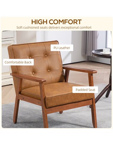 Retro-Style Accent Chair, HOMCOM Armchair with Faux Leather Seat - Brown 833-664V72BN