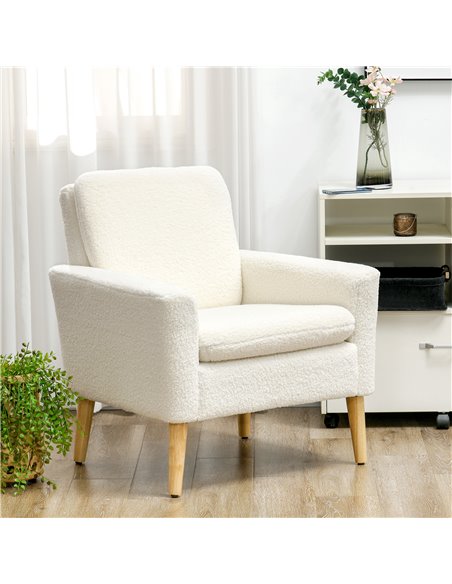 HOMCOM Modern Armchair, Upholstered Accent Chair with Wood Legs and Wide Padded Seat, Teddy Occasional Chair, Cream White 83B-01 - pic 91110 | FastDaddyshop