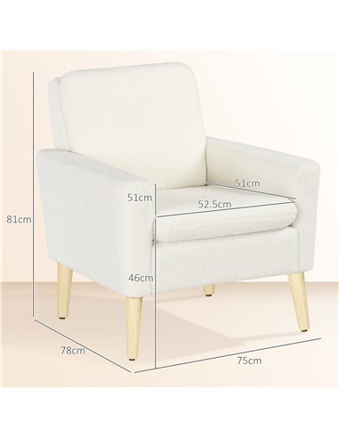 HOMCOM Modern Armchair, Upholstered Accent Chair with Wood Legs and Wide Padded Seat, Teddy Occasional Chair, Cream White 83B-01
