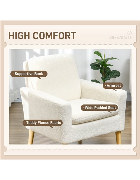 HOMCOM Modern Armchair, Upholstered Accent Chair with Wood Legs and Wide Padded Seat, Teddy Occasional Chair, Cream White 83B-01 - pic 91112 | FastDaddyshop