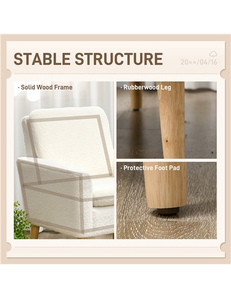 HOMCOM Modern Armchair, Upholstered Accent Chair with Wood Legs and Wide Padded Seat, Teddy Occasional Chair, Cream White 83B-01 - pic 91113 | FastDaddyshop