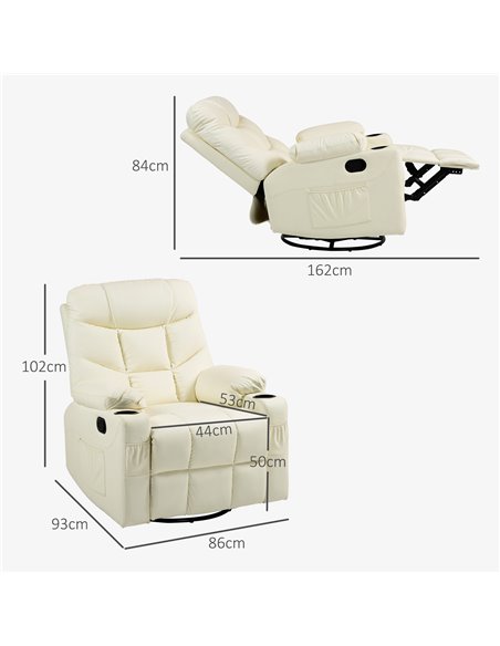 HOMCOM Manual Reclining Chair, Recliner Armchair with Swivel, Faux Leather, Footrest, Cup Holders, 86x93x102cm, Cream 839-638V70 - pic 91120 | FastDaddyshop