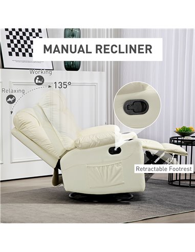 HOMCOM Manual Reclining Chair, Recliner Armchair with Swivel, Faux Leather, Footrest, Cup Holders, 86x93x102cm, Cream 839-638V70