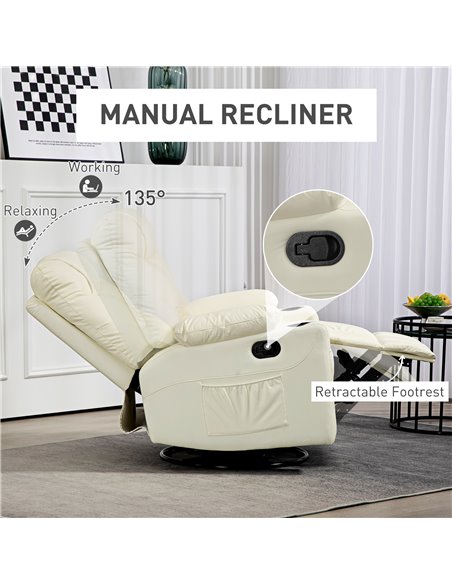 HOMCOM Manual Reclining Chair, Recliner Armchair with Swivel, Faux Leather, Footrest, Cup Holders, 86x93x102cm, Cream 839-638V70 - pic 91121 | FastDaddyshop