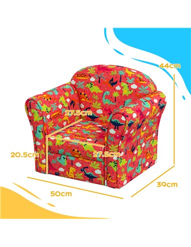 AIYAPLAY Kids Armchair with Dinosaur Design, Wooden Frame, for Bedroom, Playroom, Kids Room, Red 310-074V70RD