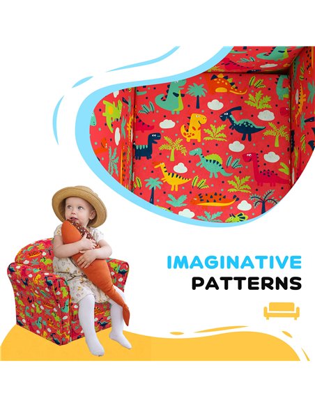 AIYAPLAY Kids Armchair with Dinosaur Design, Wooden Frame, for Bedroom, Playroom, Kids Room, Red 310-074V70RD - pic 91139 | FastDaddyshop