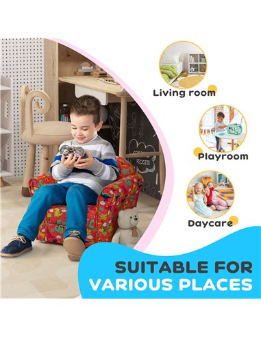 AIYAPLAY Kids Armchair with Dinosaur Design, Wooden Frame, for Bedroom, Playroom, Kids Room, Red 310-074V70RD