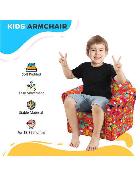 AIYAPLAY Kids Armchair with Dinosaur Design, Wooden Frame, for Bedroom, Playroom, Kids Room, Red 310-074V70RD - pic 91142 | FastDaddyshop