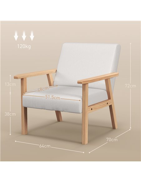 Accent Chair HOMCOM Occasional Chairs Wood Frame with Thick Linen Cushions Wide Seat Armchair Home Furniture Bedroom Office, Cre - pic 91174 | FastDaddyshop