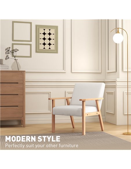 Accent Chair HOMCOM Occasional Chairs Wood Frame with Thick Linen Cushions Wide Seat Armchair Home Furniture Bedroom Office, Cre - pic 91175 | FastDaddyshop