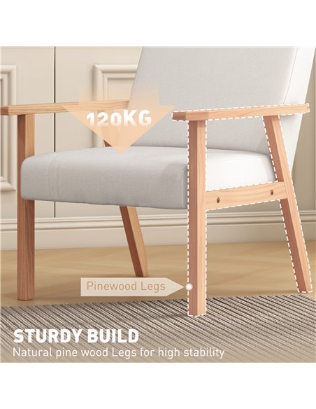 Accent Chair HOMCOM Occasional Chairs Wood Frame with Thick Linen Cushions Wide Seat Armchair Home Furniture Bedroom Office, Cre - pic 91177 | FastDaddyshop