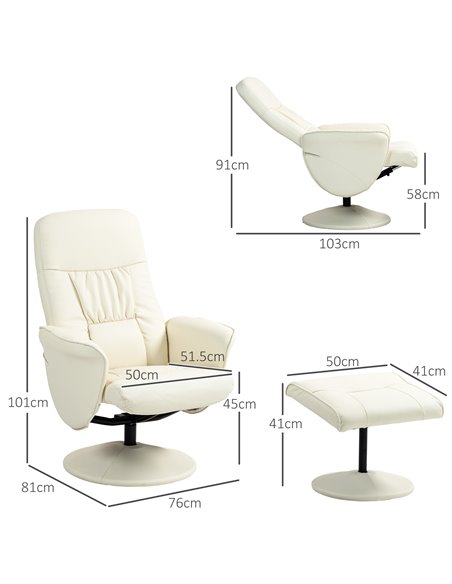 Swivel Recliner Chair with Footstool, HOMCOM PU Leather Armchair and Ottoman with High Back and Round Base for Living Room, Crea - pic 91192 | FastDaddyshop