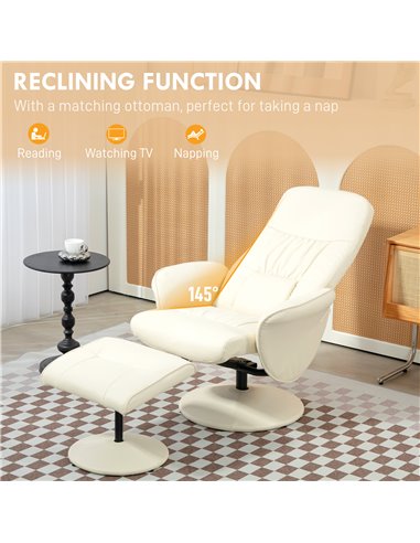 Swivel Recliner Chair with Footstool, HOMCOM PU Leather Armchair and Ottoman with High Back and Round Base for Living Room, Crea