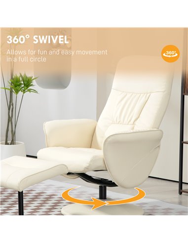 Swivel Recliner Chair with Footstool, HOMCOM PU Leather Armchair and Ottoman with High Back and Round Base for Living Room, Crea