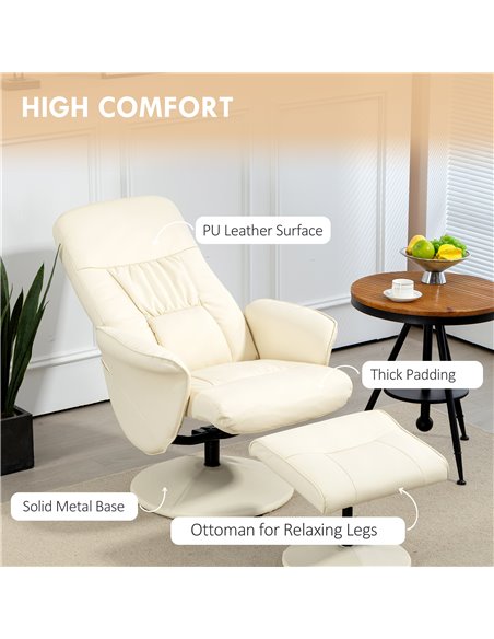 Swivel Recliner Chair with Footstool, HOMCOM PU Leather Armchair and Ottoman with High Back and Round Base for Living Room, Crea - pic 91195 | FastDaddyshop