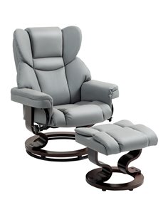 Faux Leather Recliner Chair and Footstool, HOMCOM Swivel Upholstered Armchair w/ Adjustable Backrest, Wood Base, Light Grey 833-