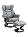 Faux Leather Recliner Chair and Footstool, HOMCOM Swivel Upholstered Armchair w/ Adjustable Backrest, Wood Base, Light Grey 833-