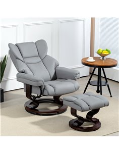 Faux Leather Recliner Chair and Footstool, HOMCOM Swivel Upholstered Armchair w/ Adjustable Backrest, Wood Base, Light Grey 833- 2