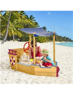 Outsunny Kids Wooden Sandbox Play Station, Covered Children Sand boat Outdoor, for Backyard, w/ Canopy Shade, Aged 3-8 Years Old