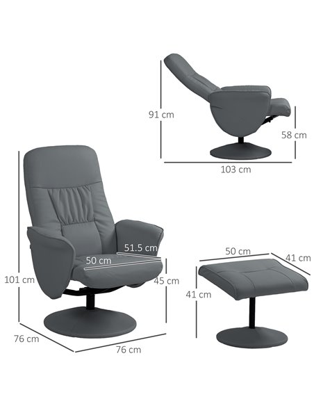 Swivel Recliner Chair with Footstool, HOMCOM PU Leather Armchair and Ottoman with High Back and Round Base for Living Room, Grey - pic 91210 | FastDaddyshop