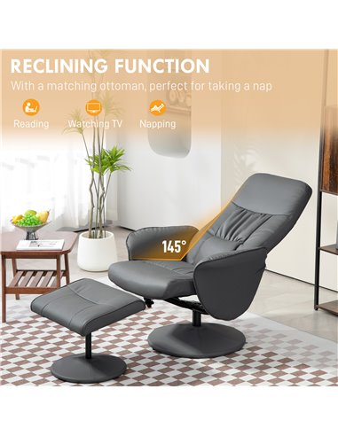 Swivel Recliner Chair with Footstool, HOMCOM PU Leather Armchair and Ottoman with High Back and Round Base for Living Room, Grey