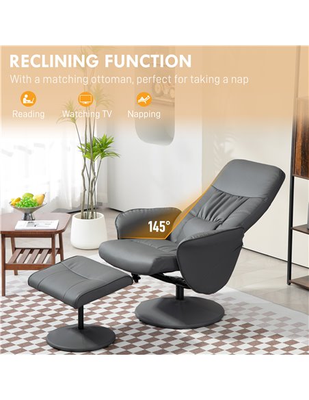 Swivel Recliner Chair with Footstool, HOMCOM PU Leather Armchair and Ottoman with High Back and Round Base for Living Room, Grey - pic 91211 | FastDaddyshop
