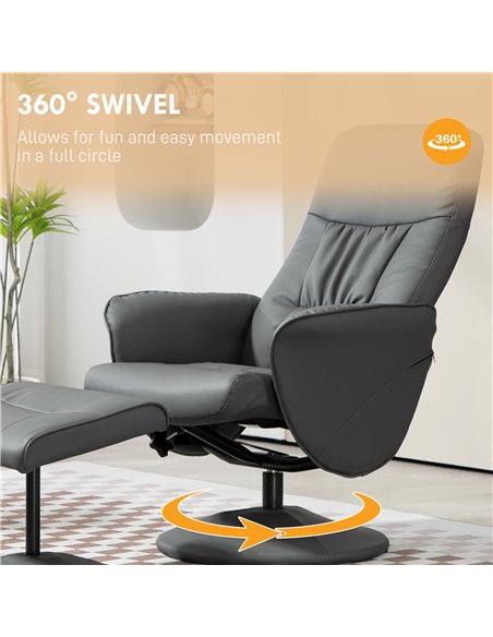 Swivel Recliner Chair with Footstool, HOMCOM PU Leather Armchair and Ottoman with High Back and Round Base for Living Room, Grey - pic 91212 | FastDaddyshop