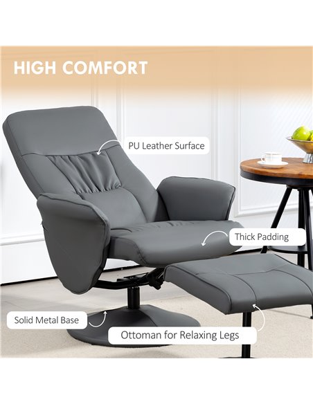 Swivel Recliner Chair with Footstool, HOMCOM PU Leather Armchair and Ottoman with High Back and Round Base for Living Room, Grey - pic 91213 | FastDaddyshop
