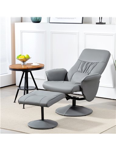 Swivel Recliner Chair with Footstool, HOMCOM PU Leather Armchair and Ottoman with High Back and Round Base for Living Room, Ligh