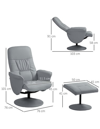 Swivel Recliner Chair with Footstool, HOMCOM PU Leather Armchair and Ottoman with High Back and Round Base for Living Room, Ligh
