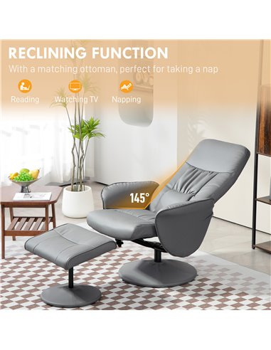 Swivel Recliner Chair with Footstool, HOMCOM PU Leather Armchair and Ottoman with High Back and Round Base for Living Room, Ligh