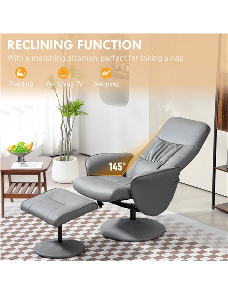 Swivel Recliner Chair with Footstool, HOMCOM PU Leather Armchair and Ottoman with High Back and Round Base for Living Room, Ligh - pic 91229 | FastDaddyshop